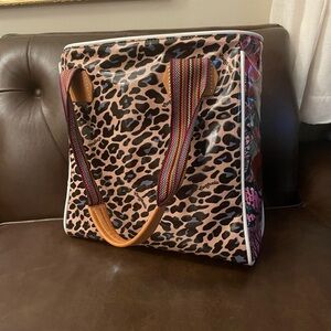 Tote Bag; leopard and floral print; gold glitter inside